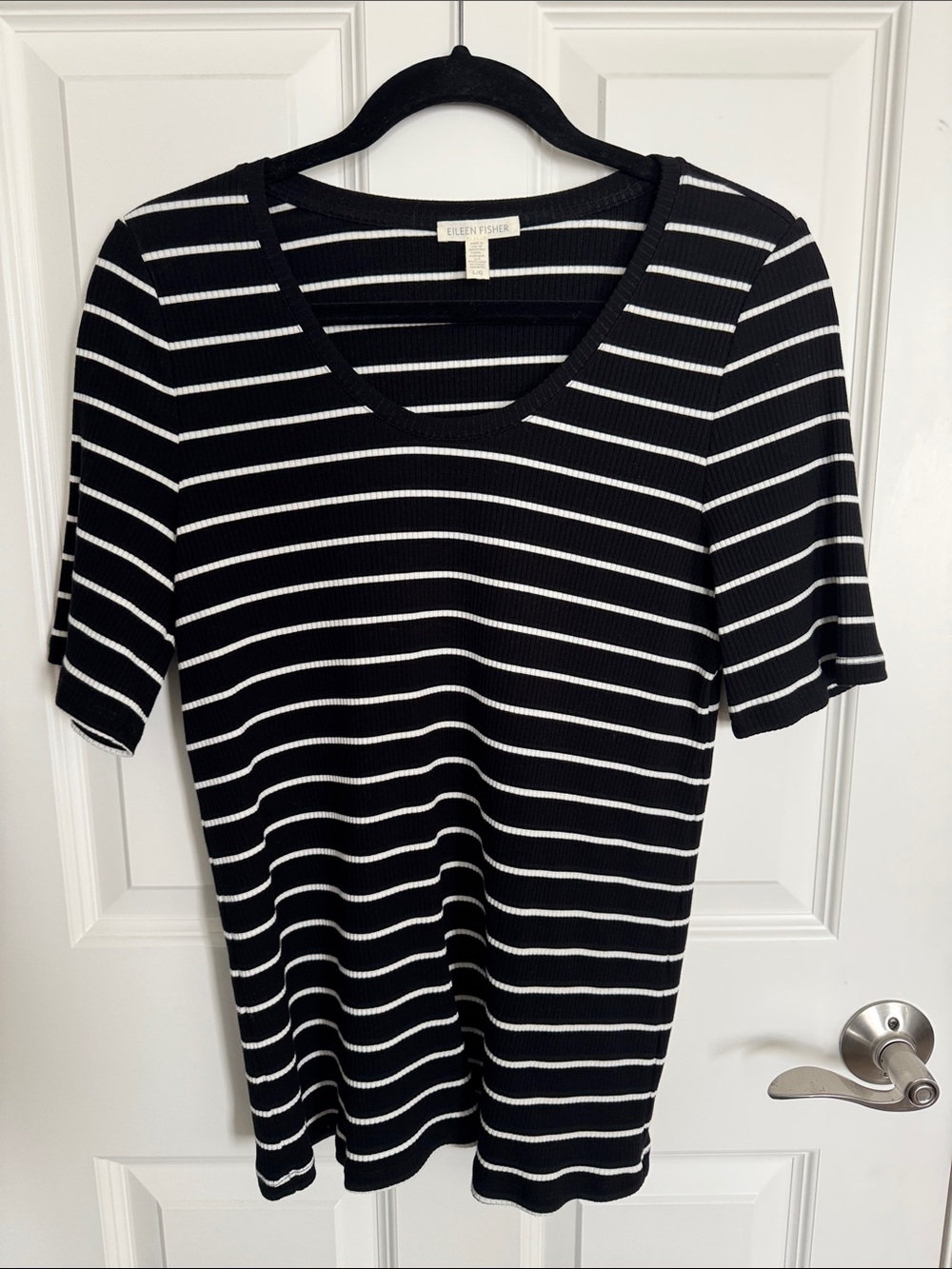 Eileen Fisher Black & White Stripe Scoop Neck Short Sleeve Ribbed Knit Top NWOT